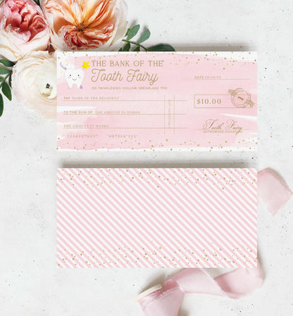 Pink tooth fairy check with decorative elements on a light background. Printable Tooth Fairy Cheque, Tooth Fairy Money Voucher, Tooth Fairy Payment Certificate, Lost Tooth Gift Voucher, Coupon, Pink Watercolor