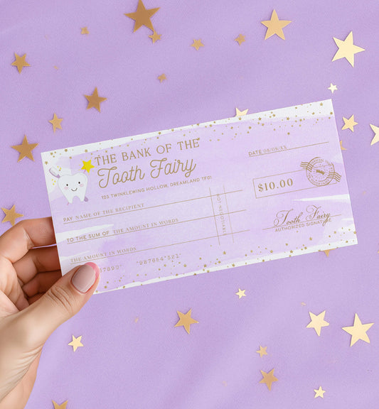 Hand holding a decorative check resembling a tooth fairy payment on a purple background with gold stars. Printable Tooth Fairy Cheque, Tooth Fairy Money Voucher, Tooth Fairy Payment Certificate, Lost Tooth Gift Voucher, Coupon, Purple Watercolor