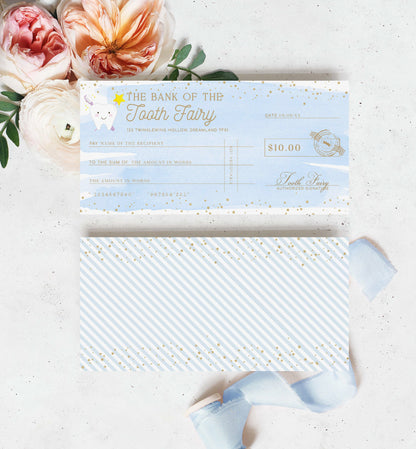 Check from the Bank of the Tooth Fairy with decorative ribbons and flowers on a light background. Printable Tooth Fairy Cheque, Tooth Fairy Money Voucher, Tooth Fairy Payment Certificate, Lost Tooth Gift Voucher, Coupon, Blue Watercolor
