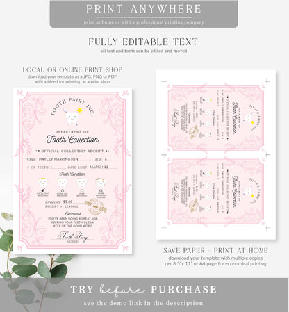 Tooth Fairy Pink White | Printable Tooth Collection Letter Template