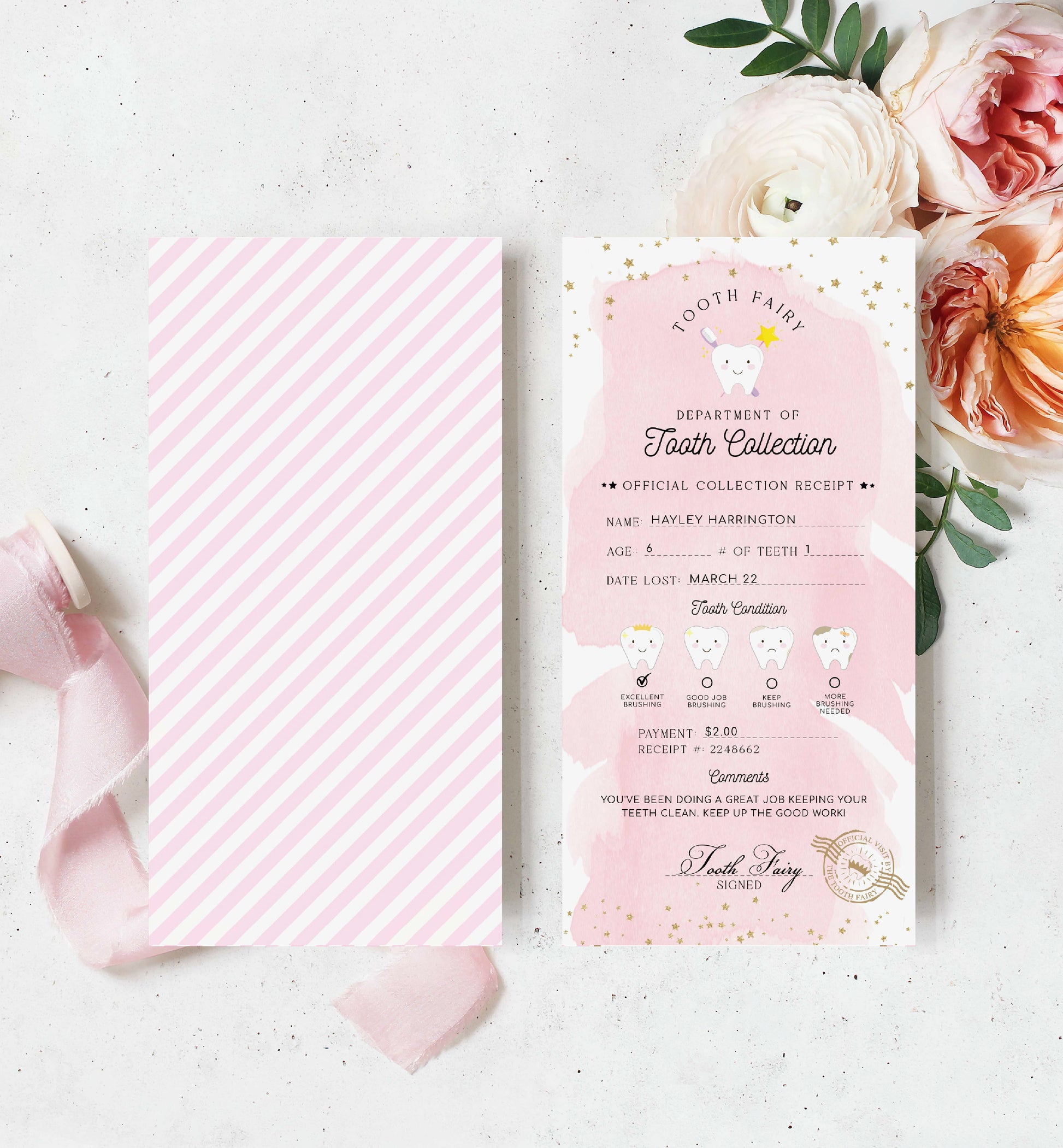 Printable Tooth Fairy Letter and Receipt, Tooth Fairy Collection Receipt, Tooth Fairy Payment Recipe And Visit Certificate, Lost Tooth Note