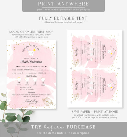Tooth Fairy Pink | Printable Tooth Collection Letter and Receipt Template