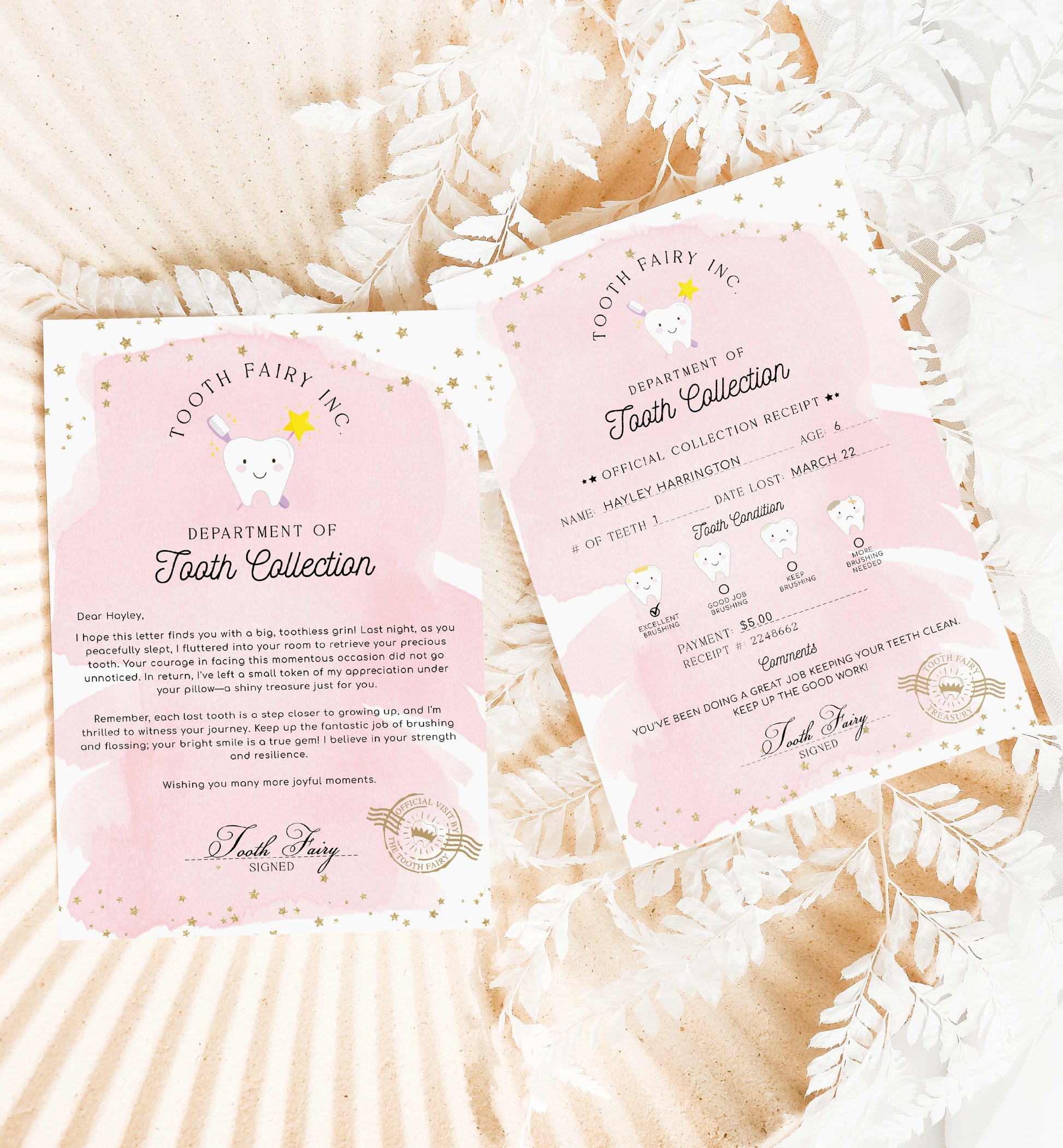 Printable Tooth Fairy Letter and Receipt, Tooth Fairy Collection Receipt, Tooth Fairy Payment Recipe And Visit Certificate, Lost Tooth Note