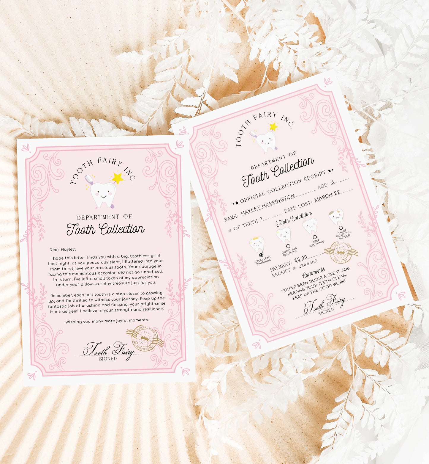 Printable Tooth Fairy Letter and Receipt, Tooth Fairy Collection Receipt, Tooth Fairy Payment Recipe And Visit Certificate, Lost Tooth Note