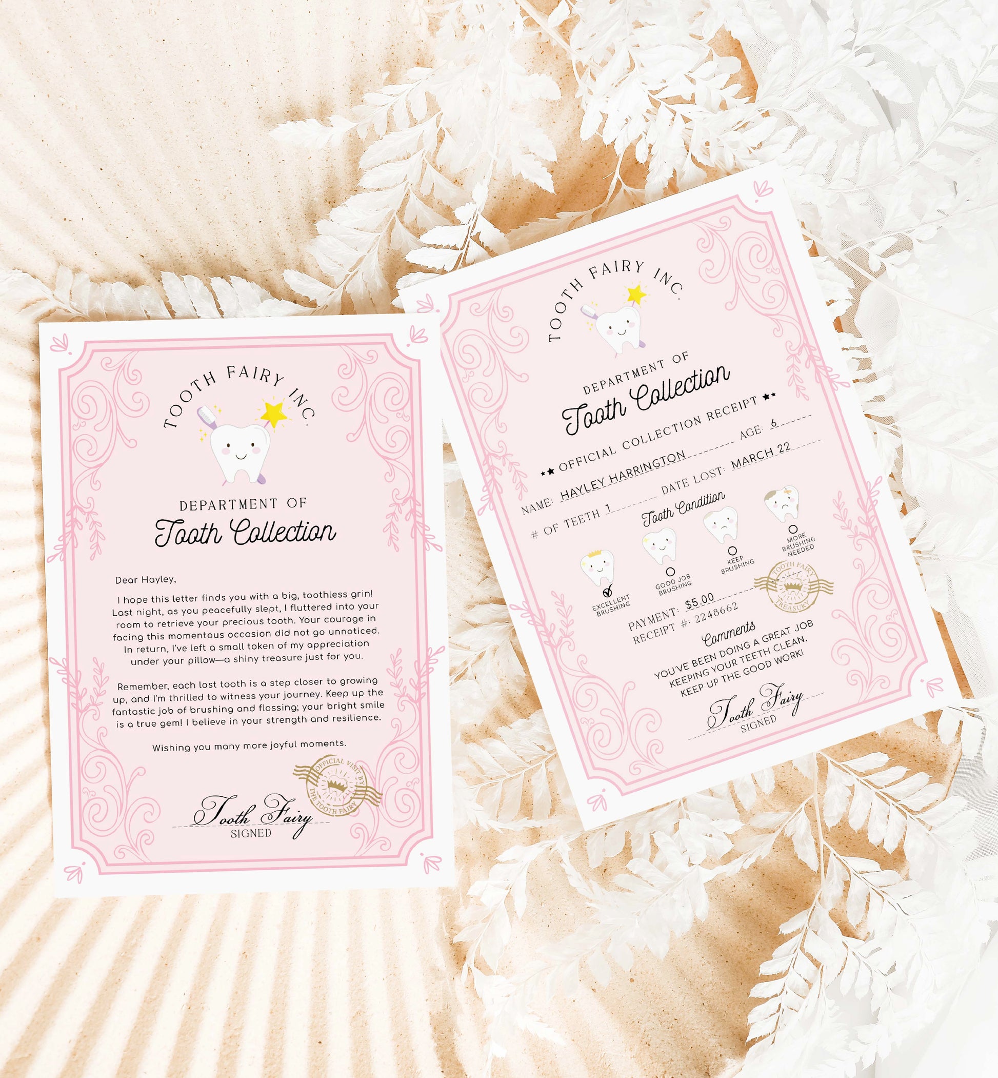 Printable Tooth Fairy Letter and Receipt, Tooth Fairy Collection Receipt, Tooth Fairy Payment Recipe And Visit Certificate, Lost Tooth Note