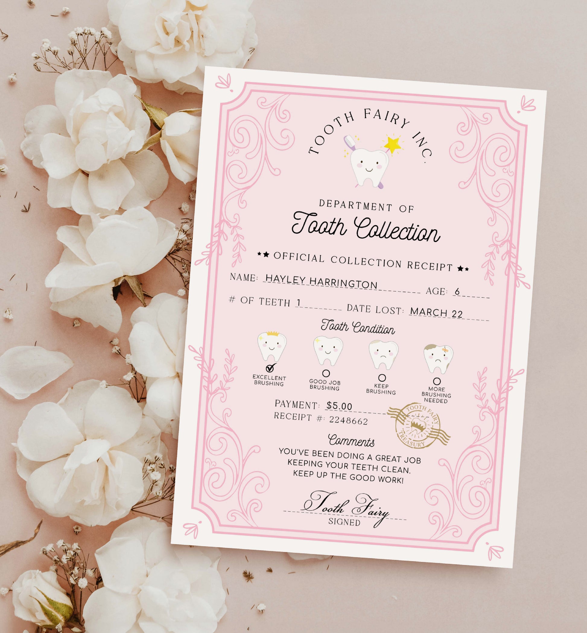Printable Tooth Fairy Letter and Receipt, Tooth Fairy Collection Receipt, Tooth Fairy Payment Recipe And Visit Certificate, Lost Tooth Note