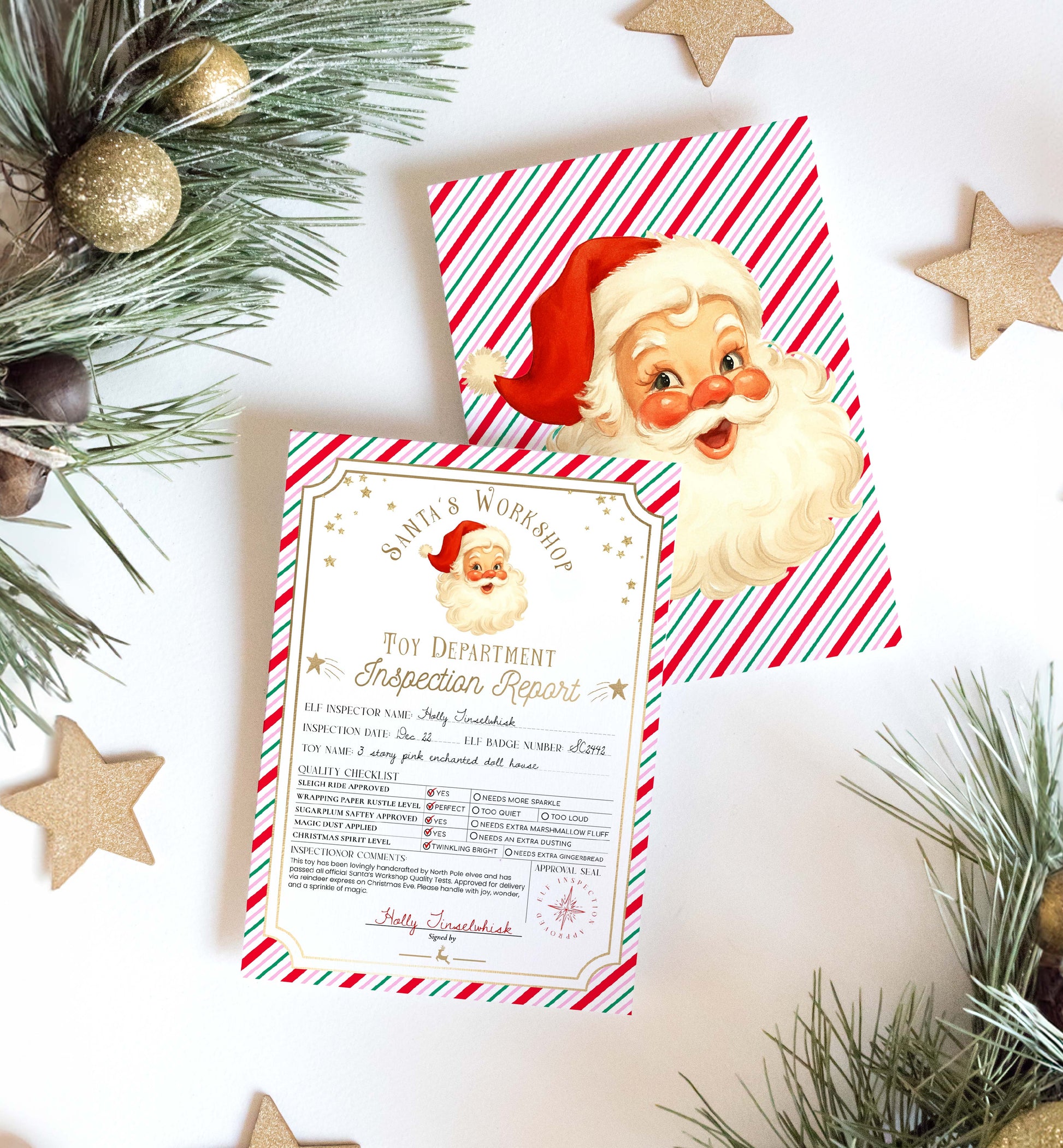 Christmas-themed letter with Santa Claus illustration and festive decorations. Printable Santa’s Workshop Toy Inspection Report, Christmas Gift Tag, From Santa Tag, Kid's Christmas Gift, Made In The North Pole, Stripe