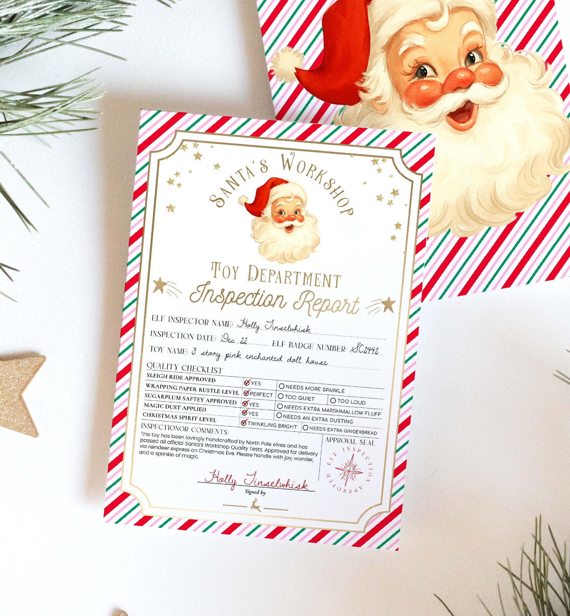 Toy Department Inspection Report with Santa Claus illustration on a striped background. Printable Santa’s Workshop Toy Inspection Report, Christmas Gift Tag, From Santa Tag, Kid's Christmas Gift, Made In The North Pole, Stripe