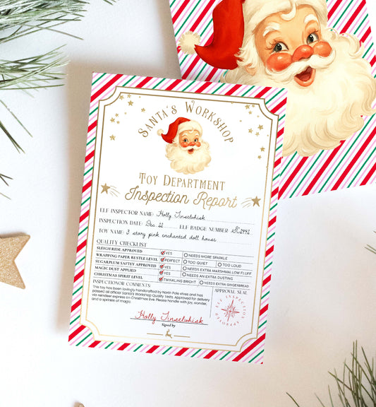 Toy Department Inspection Report with Santa Claus illustration on a striped background. Printable Santa’s Workshop Toy Inspection Report, Christmas Gift Tag, From Santa Tag, Kid's Christmas Gift, Made In The North Pole, Stripe