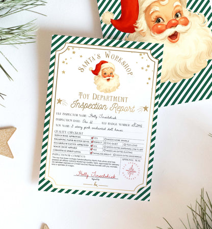 Toy department inspection report with Santa Claus illustration on a white background. Printable Santa’s Workshop Toy Inspection Report, Christmas Gift Tag, From Santa Tag, Kid's Christmas Gift, Made In The North Pole, Stripe