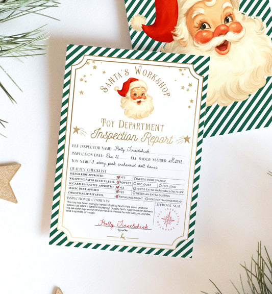 Toy department inspection report with Santa Claus illustration on a white background. Printable Santa’s Workshop Toy Inspection Report, Christmas Gift Tag, From Santa Tag, Kid's Christmas Gift, Made In The North Pole, Stripe