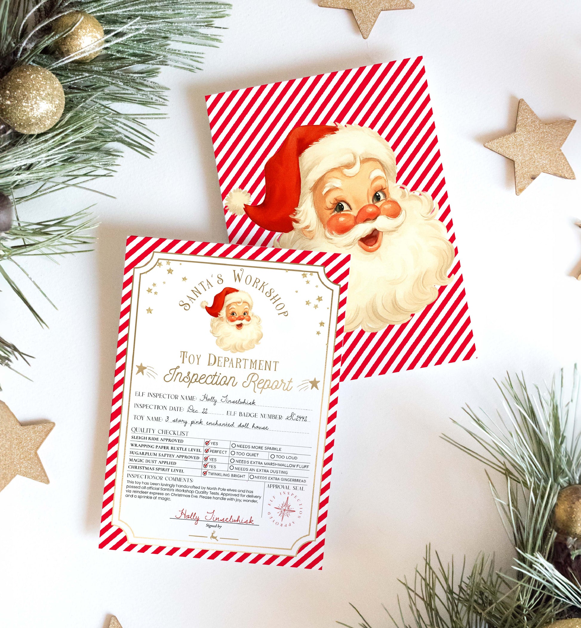 Printable Santa’s Workshop Toy Inspection Report, Christmas Gift Tag, From Santa Tag, Kid's Christmas Gift, Made In The North Pole, Stripe
