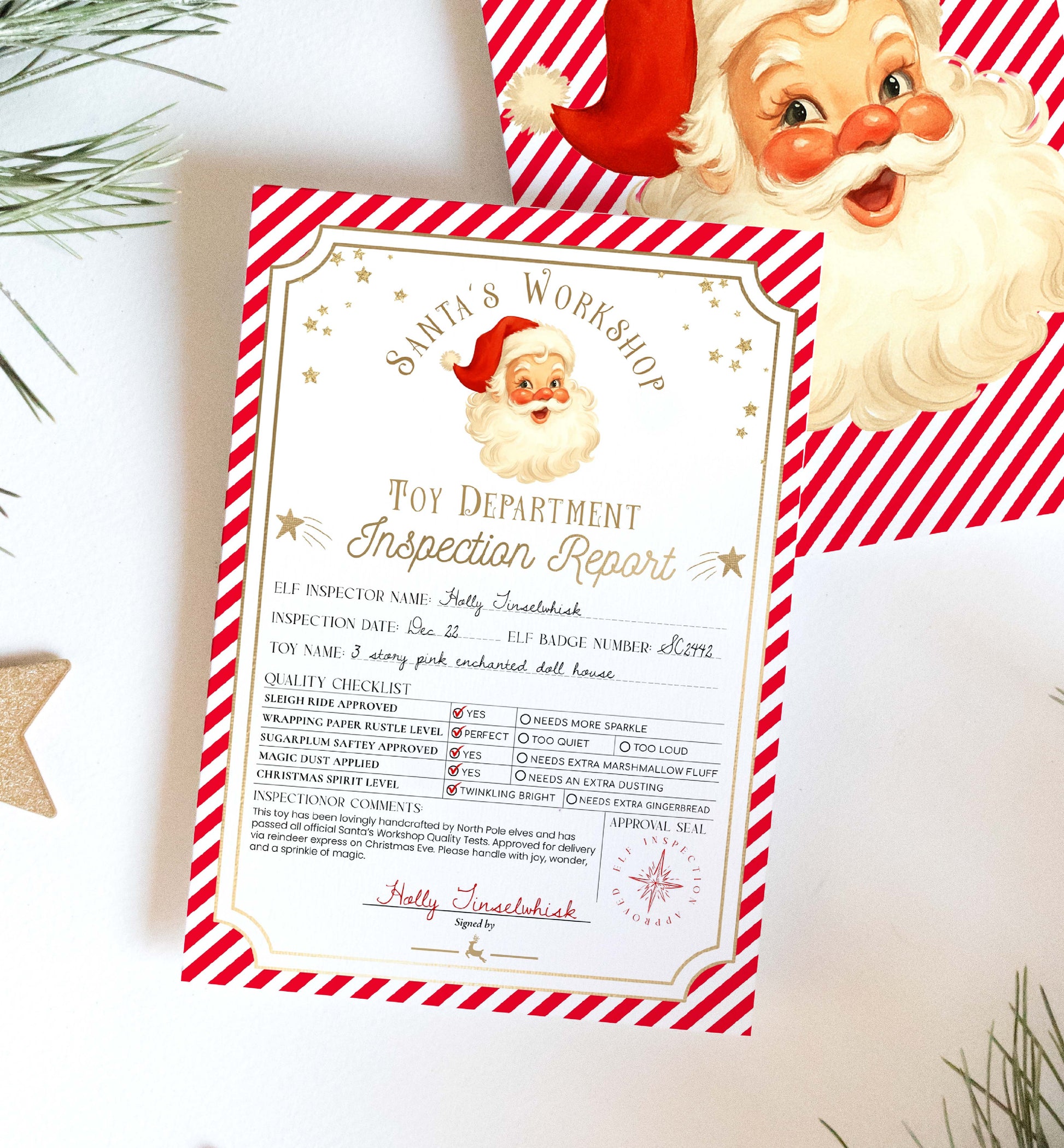 Toy department inspection report with Santa Claus illustration on a white background. Printable Santa’s Workshop Toy Inspection Report, Christmas Gift Tag, From Santa Tag, Kid's Christmas Gift, Made In The North Pole, Stripe
