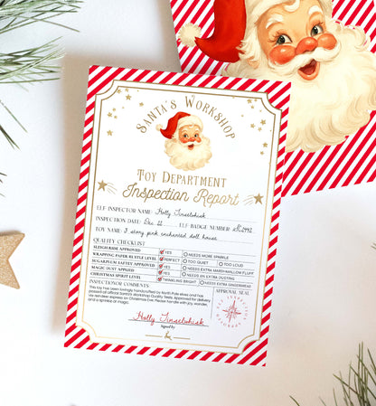 Toy department inspection report with Santa Claus illustration on a white background. Printable Santa’s Workshop Toy Inspection Report, Christmas Gift Tag, From Santa Tag, Kid's Christmas Gift, Made In The North Pole, Stripe