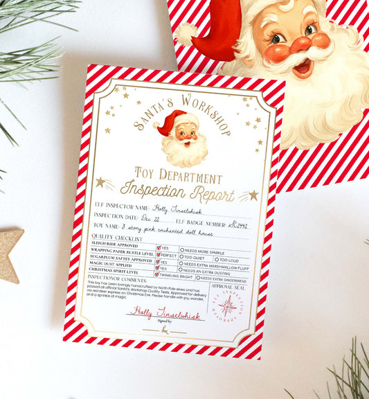 Toy department inspection report with Santa Claus illustration on a white background. Printable Santa’s Workshop Toy Inspection Report, Christmas Gift Tag, From Santa Tag, Kid's Christmas Gift, Made In The North Pole, Stripe