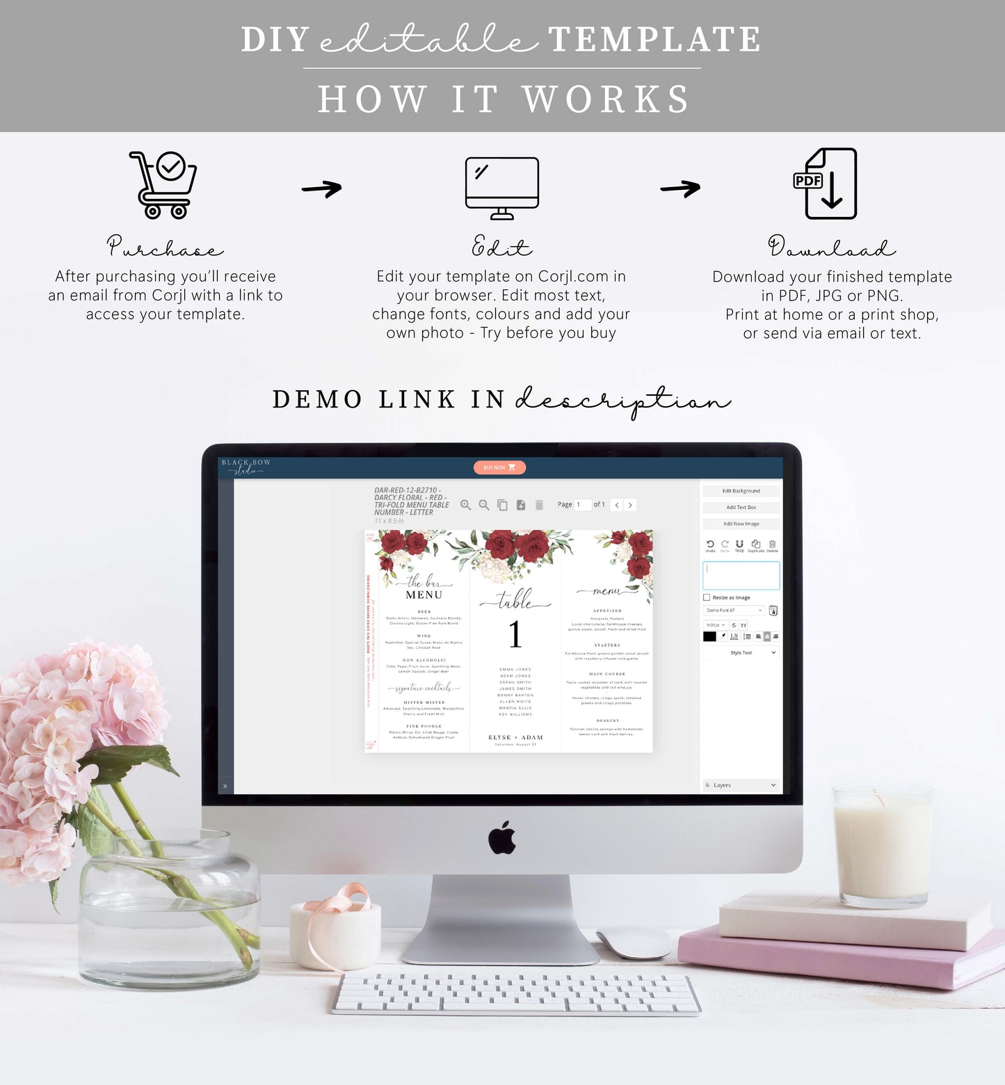 Darcy Floral Red | Printable Tri-Fold Menu Template