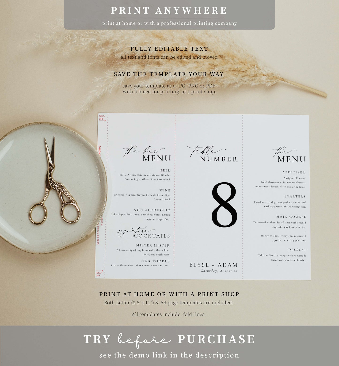 Ellesmere White | Printable Tri-Fold Menu Template