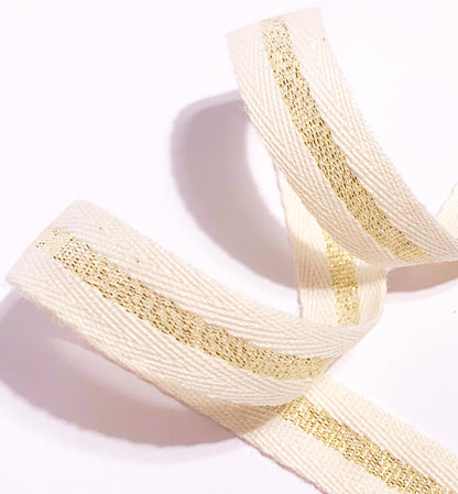 Cream Gold Striped Cotton Twill Ribbon, 15mm Wide Twill Ribbon, Christmas Decorations Craft and Wrap, Bows Presents Wrapping Ribbon