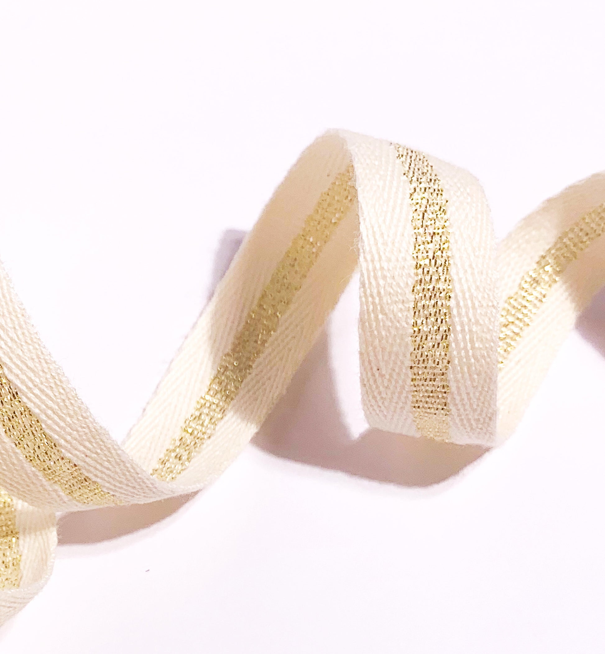 Cream Gold Striped Cotton Twill Ribbon, 15mm Wide Twill Ribbon, Christmas Decorations Craft and Wrap, Bows Presents Wrapping Ribbon