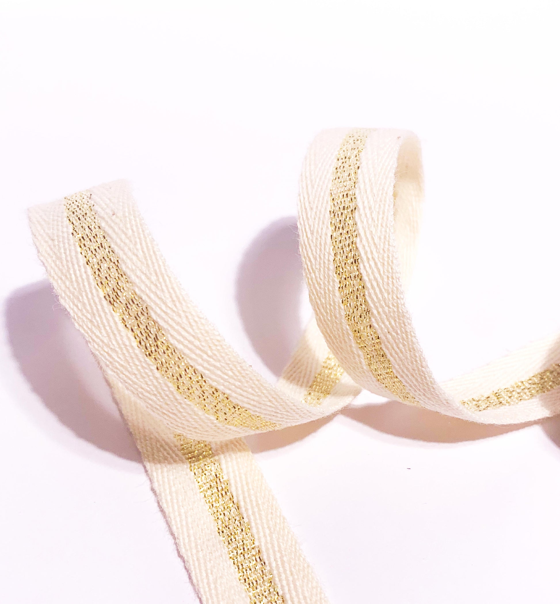 Cream Gold Striped Cotton Twill Ribbon, 15mm Wide Twill Ribbon, Christmas Decorations Craft and Wrap, Bows Presents Wrapping Ribbon