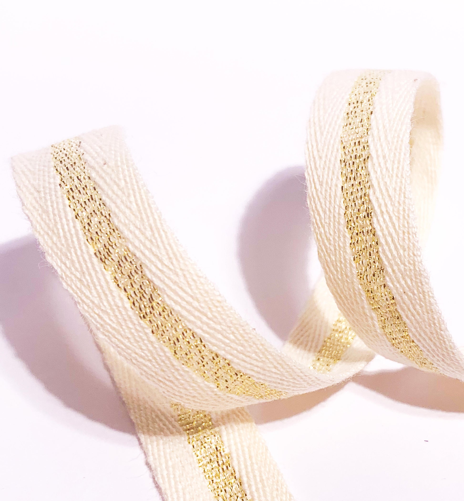 Cream Gold Striped Cotton Twill Ribbon, 15mm Wide Twill Ribbon, Christmas Decorations Craft and Wrap, Bows Presents Wrapping Ribbon