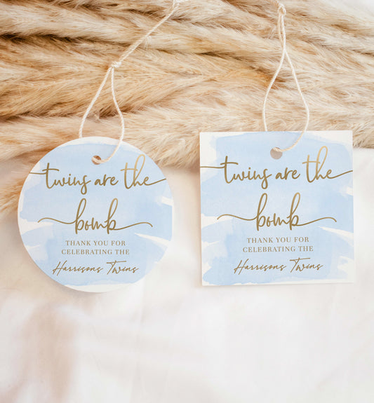 Watercolour Blue Gold | Printable Twins Bath Bomb Favour Tags