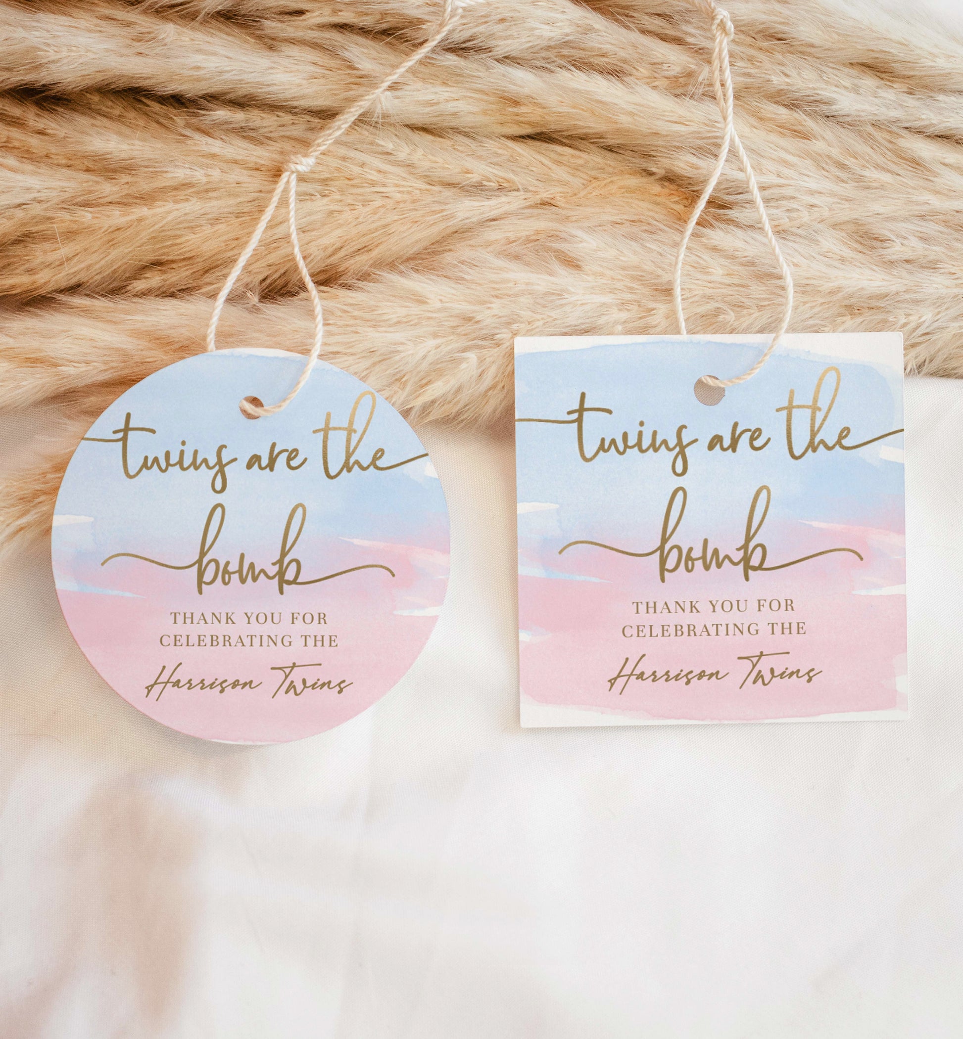 Twins Are The Bomb Tag, Editable Twin Boy and Girl Baby Shower Bath Bomb Favor Tag, Pink Blue Watercolor,  Gold Foil, Thank You Favor Tag