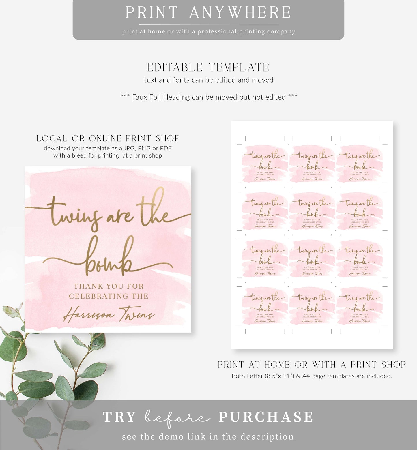 Watercolour Pink Gold | Printable Twins Bath Bomb Favour Tag Template