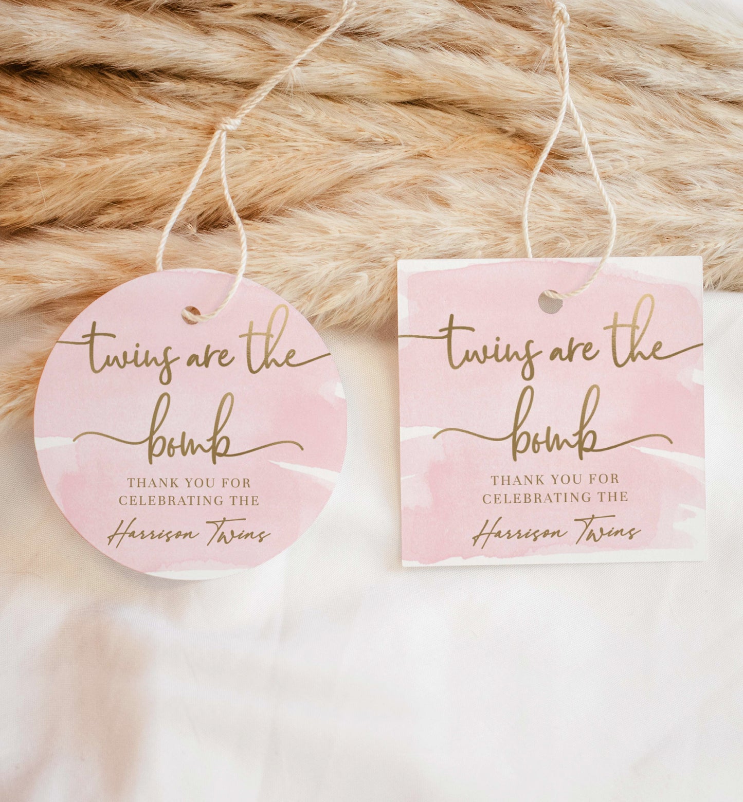 Twins Are The Bomb Tag, Editable Twin Girl Baby Shower Bath Bomb Favor Tag, Pink Watercolor,  Gold Foil, Thank You Favor Tag