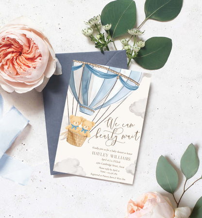 Twin Boys Baby Shower Invitation Template, Printable Bearly Wait Baby Shower Invitation, Hot Air Balloon Teddy Bear Boy Baby Shower