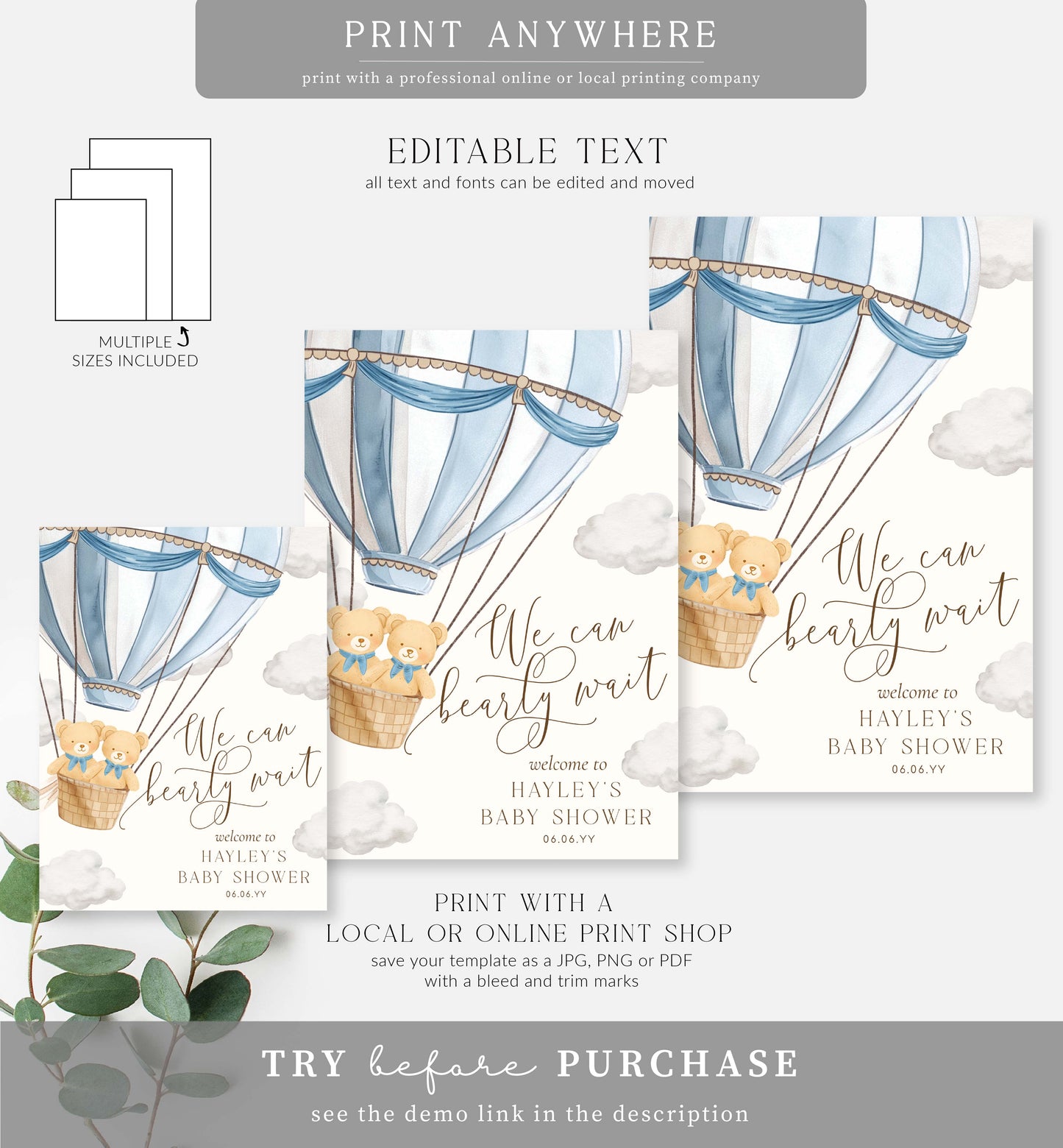 Bearly Wait Blue | Printable Twins Welcome Sign Template