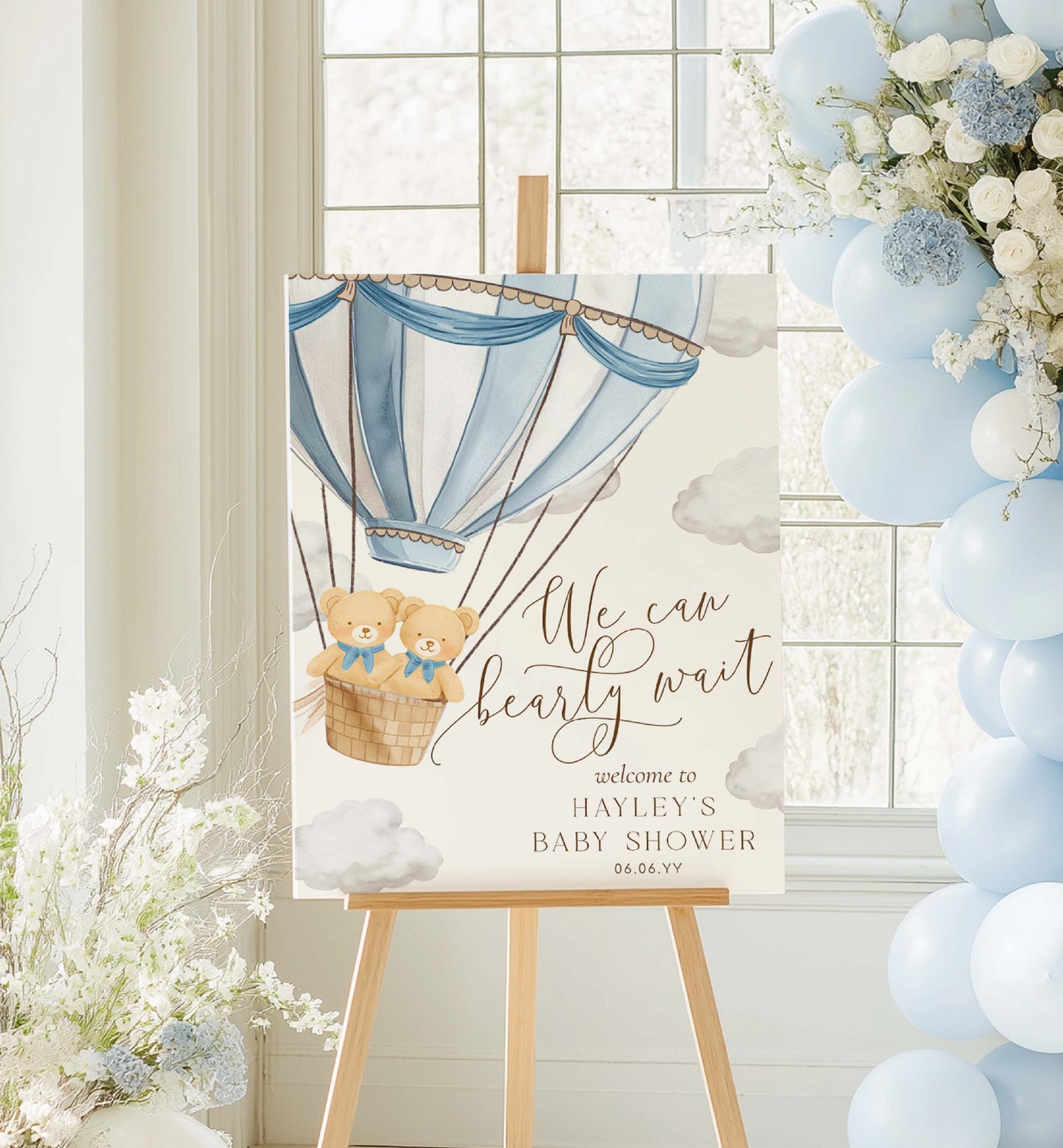 Teddy Bear Twin Boys Baby Shower Welcome Sign: We Can Bearly Wait Hot Air Balloon Theme (Printable Template)