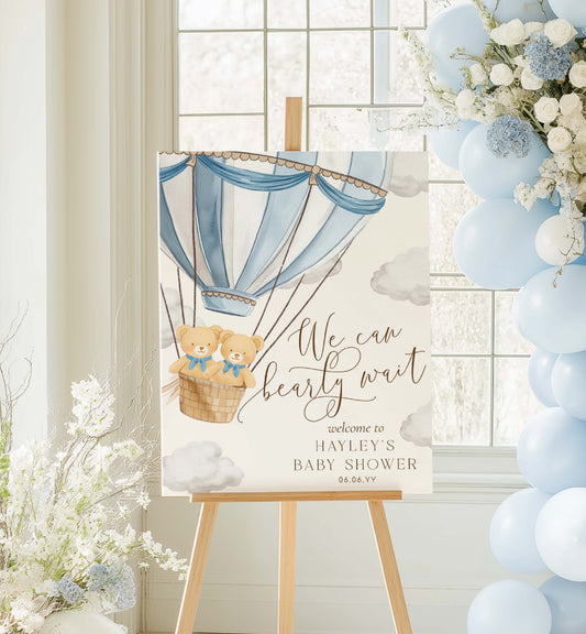 Teddy Bear Twin Boys Baby Shower Welcome Sign: We Can Bearly Wait Hot Air Balloon Theme (Printable Template)