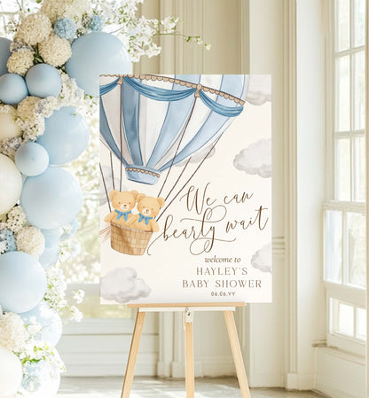 Teddy Bear Twin Boys Baby Shower Welcome Sign: We Can Bearly Wait Hot Air Balloon Theme (Printable Template)