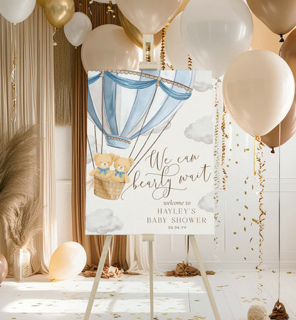 Teddy Bear Twin Boys Baby Shower Welcome Sign: We Can Bearly Wait Hot Air Balloon Theme (Printable Template)
