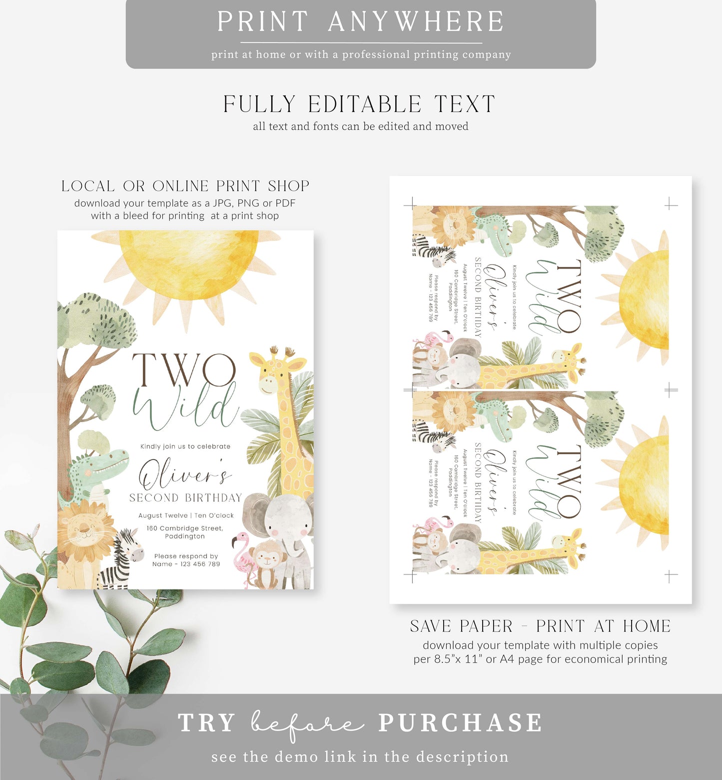 Nyala Safari | Printable Second Birthday Invitation Template