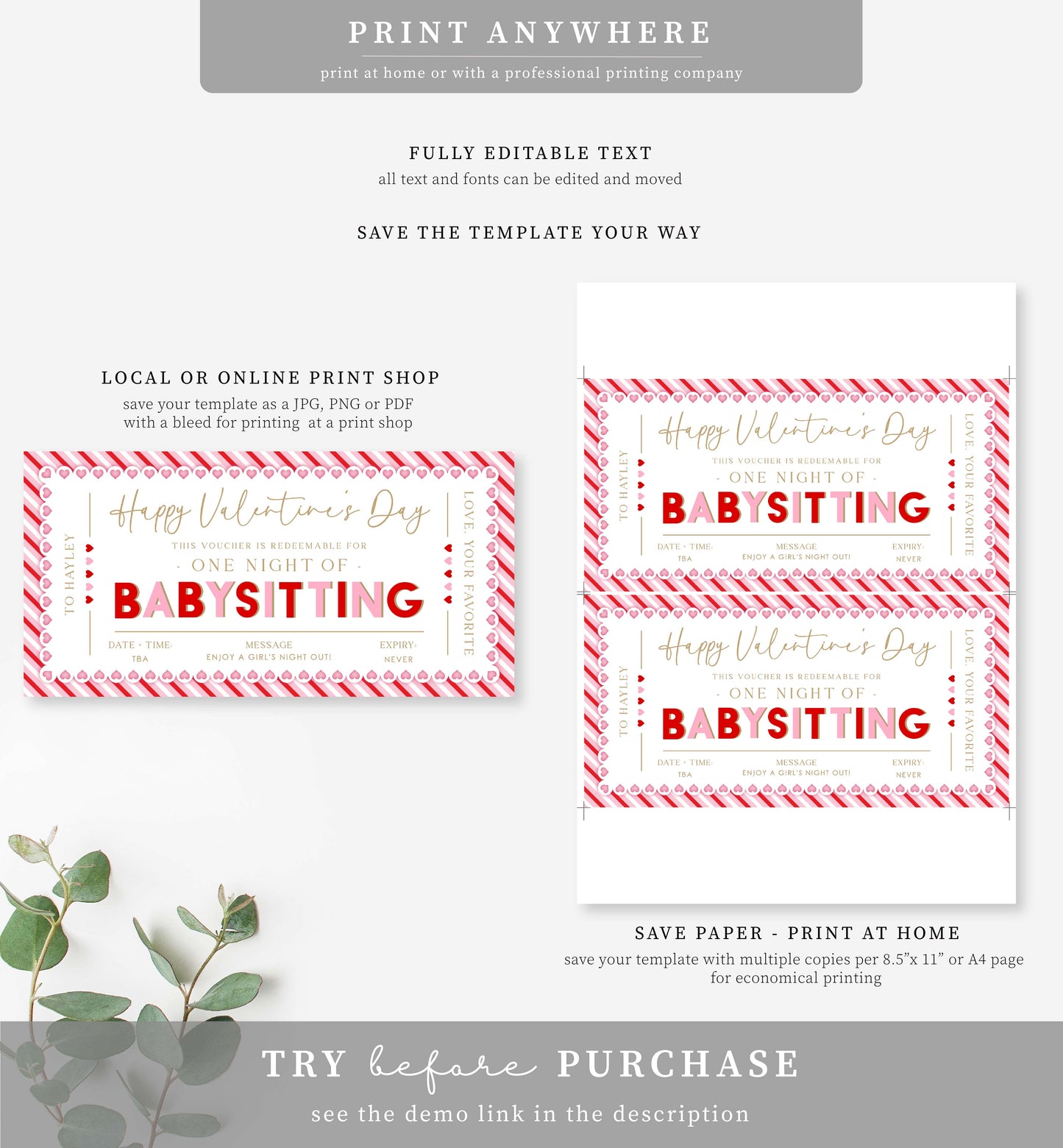 Stripe Pink Red | Printable Valentine's Day Babysitting Gift Voucher Template