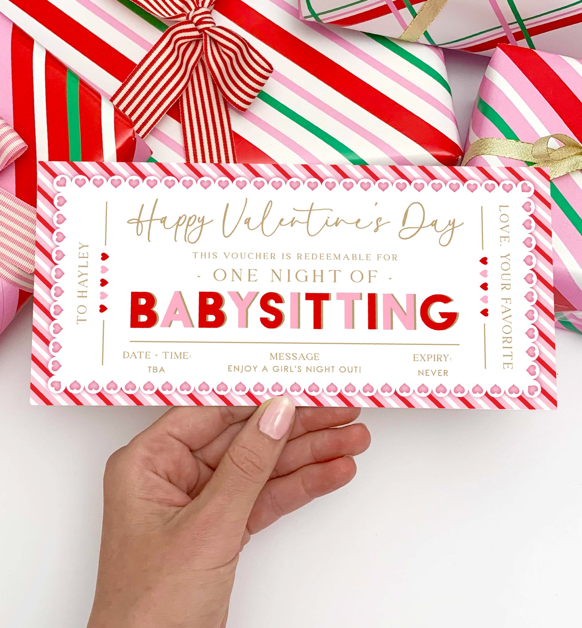 Valentines Day Babysitting Custom Gift Voucher Template, Printable Childminding Gift Certificate, Childminding Date Night Voucher, Present Coupon, Stripe