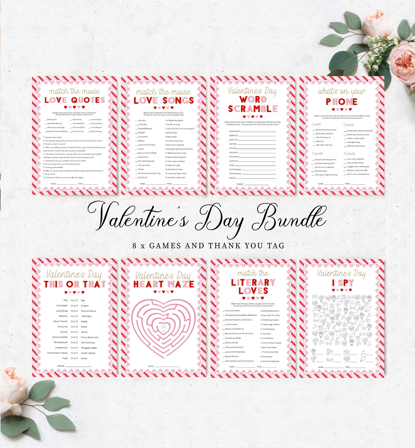 Valentines Day Games Bundle, Printable Galentines Day Games Bundle, Valentines Party Games, Galentine's Bunch Games, Thank You Tag Template