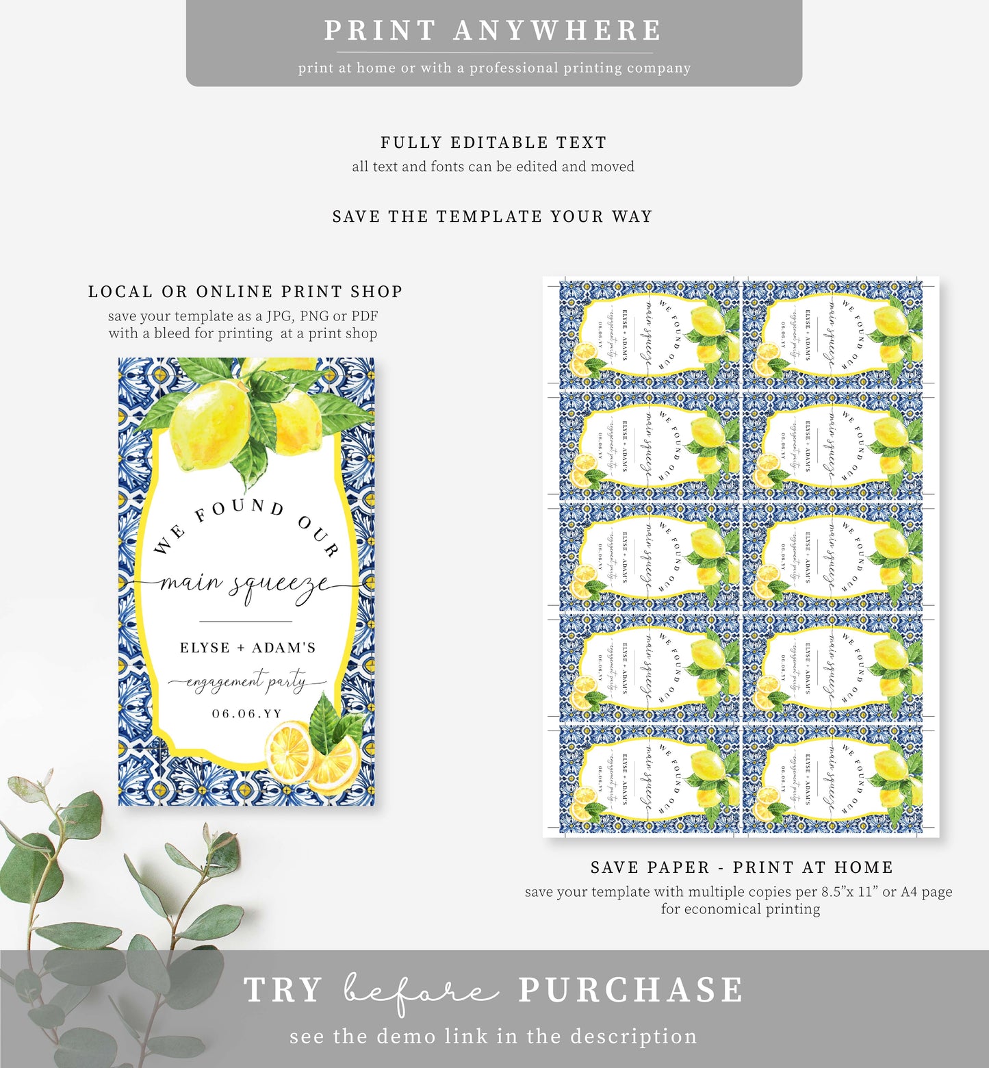 Positano Lemons | Printable Our Main Squeeze Favour Tags Template