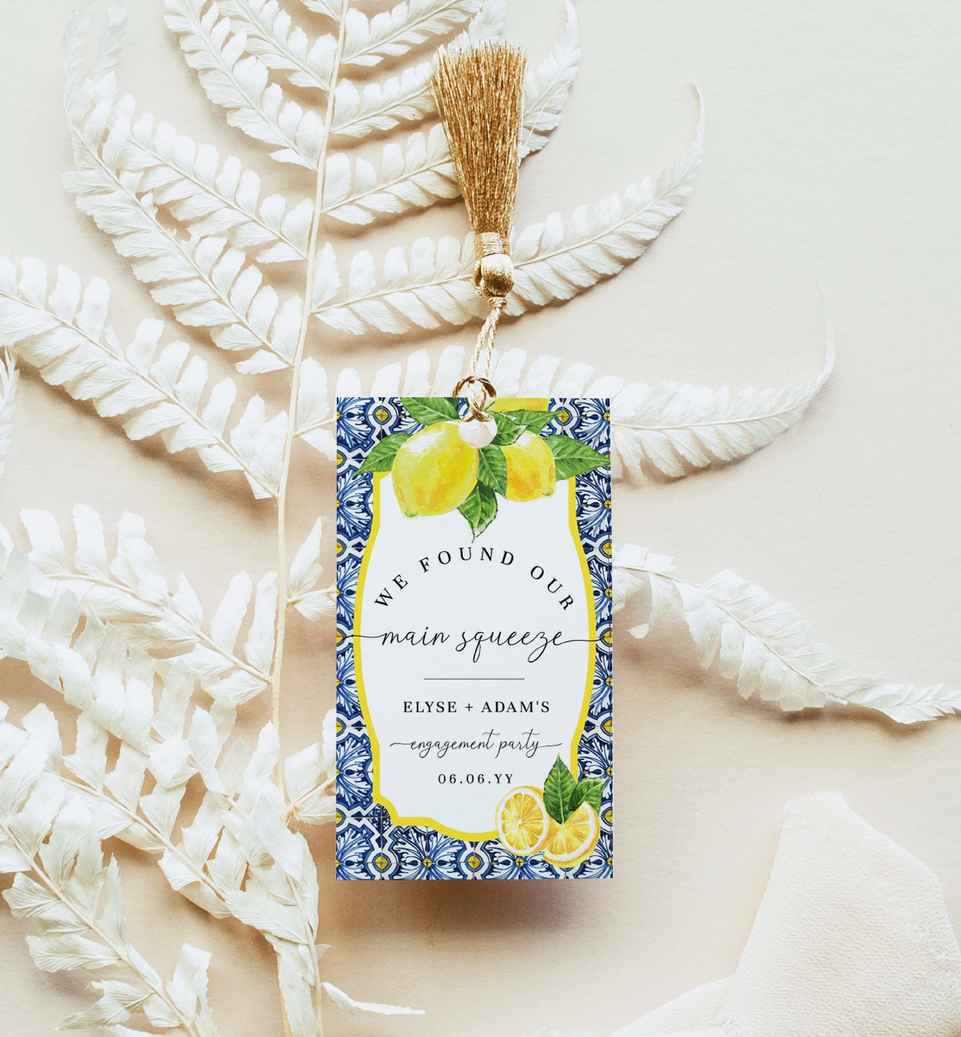 We Found Our Main Squeeze Printable Tags, Italian Positano Blue Tile Lemon Favor Tag, Engagement Party Favor Tag, Lemon Wedding Favor Tags