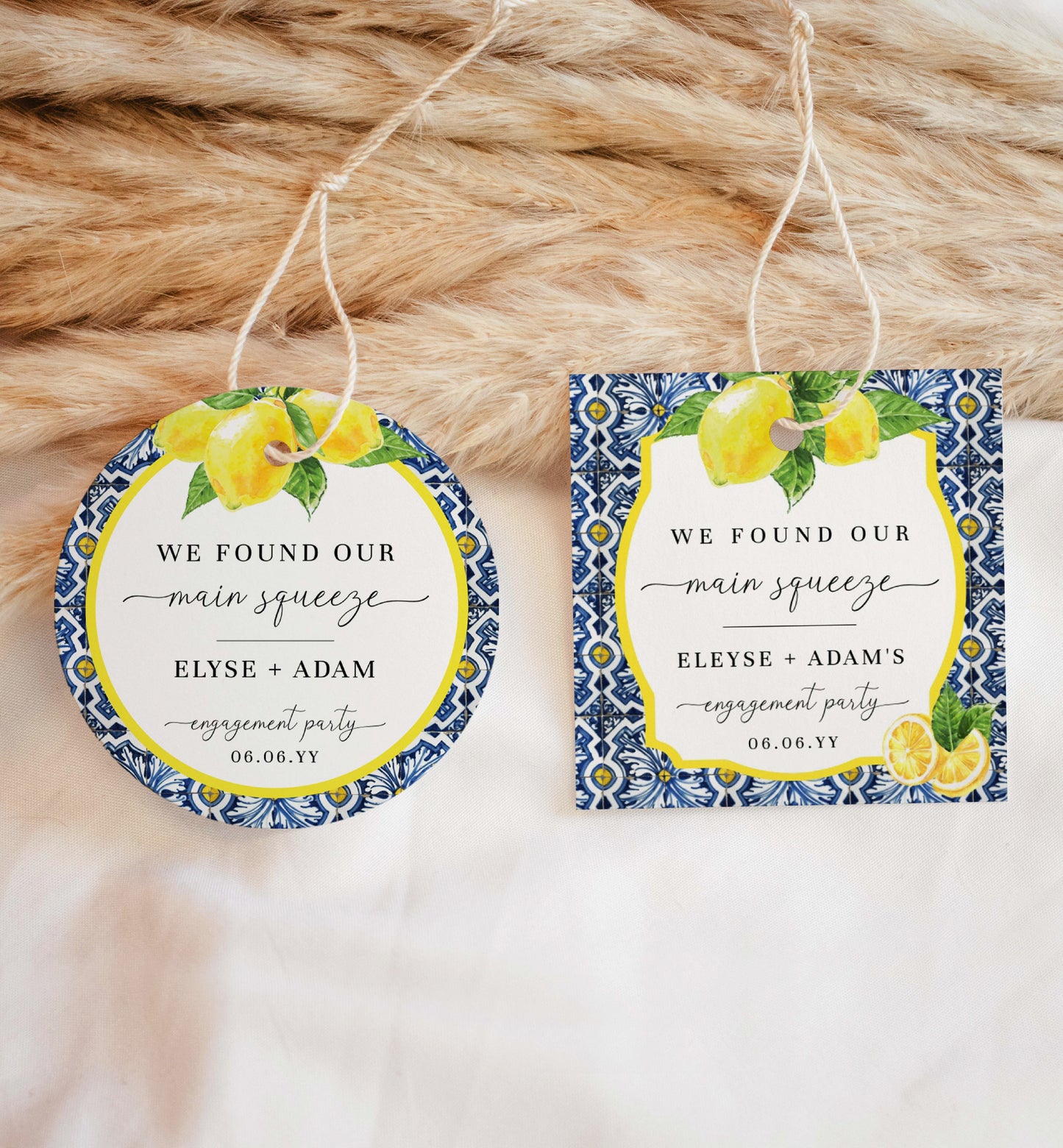 We Found Our Main Squeeze Printable Tags, Italian Positano Blue Tile Lemon Favor Tag, Engagement Party Favor Tag, Lemon Wedding Favor Tags