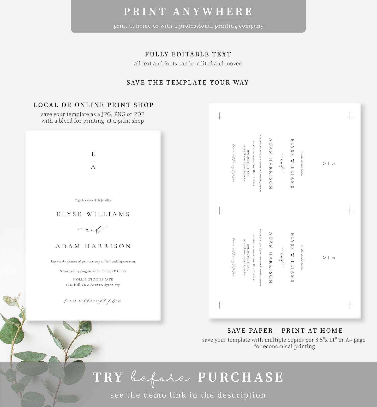 Ellesmere White | Printable Monogram Wedding Invitation Suite Template