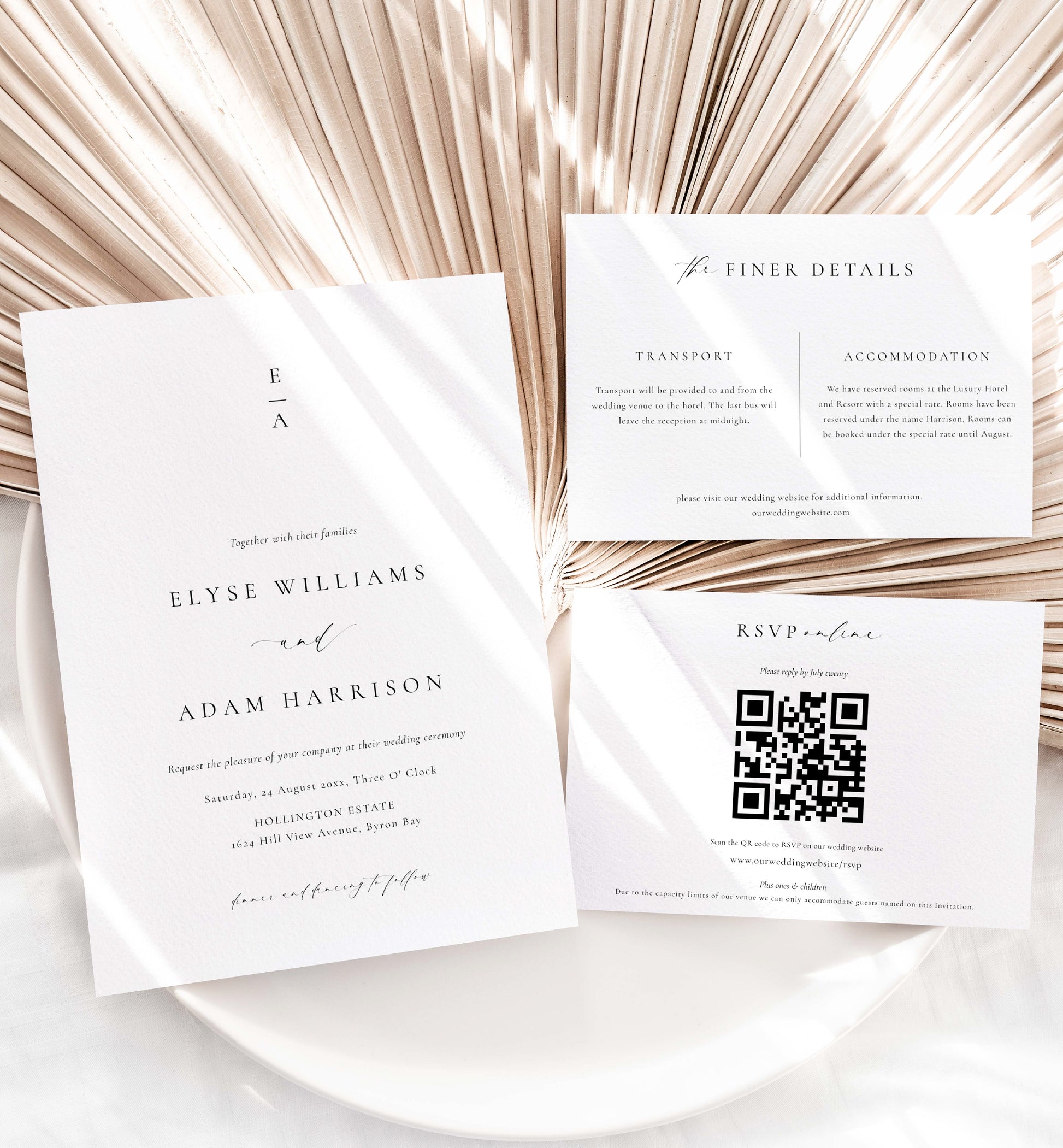 Minimalist Wedding Invitation Template Set, QR Code RSVP Card, Monogram Wedding Invite, Printable Simple Elegant Wedding Invite, Ellesmere