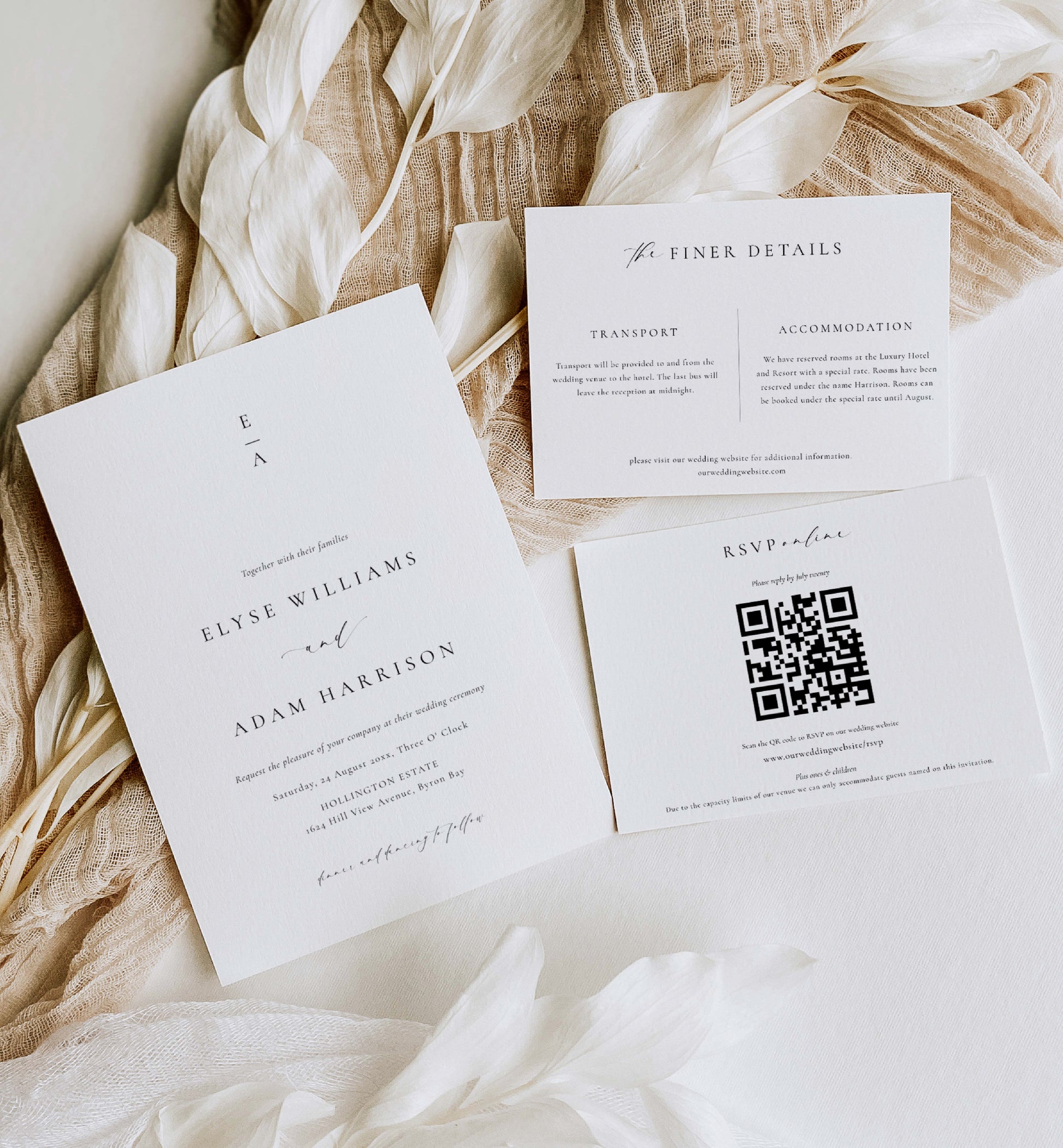 Minimalist Wedding Invitation Template Set, QR Code RSVP Card, Monogram Wedding Invite, Printable Simple Elegant Wedding Invite, Ellesmere