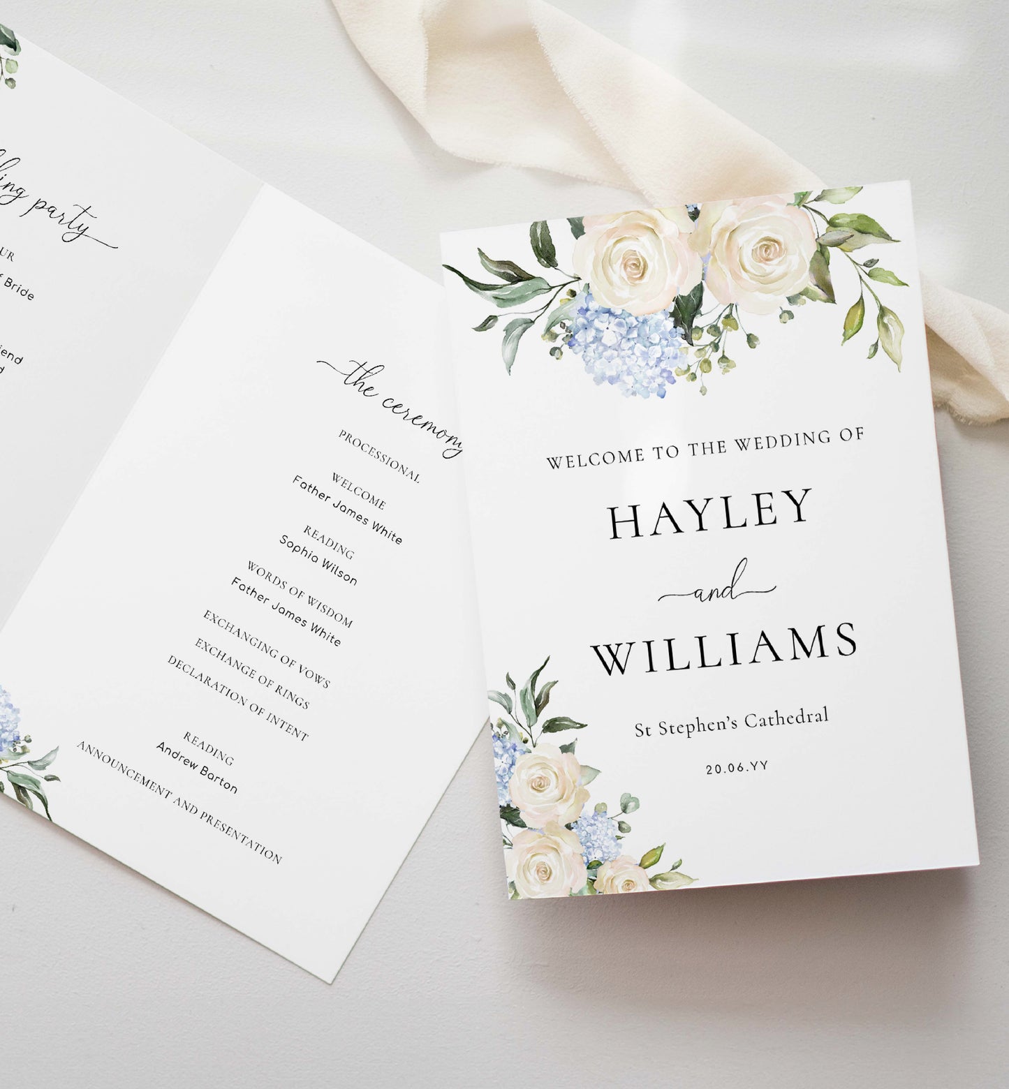 Printable Wedding Ceremony Program Template, White Rose Floral, Wedding Order of Ceremony Booklet Program, Single Fold Program, Darcy