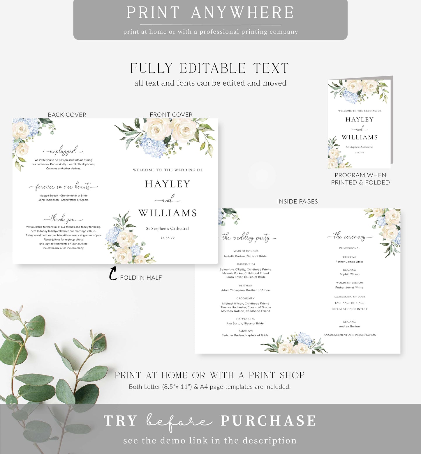 Darcy Floral White | Printable Wedding Program Template