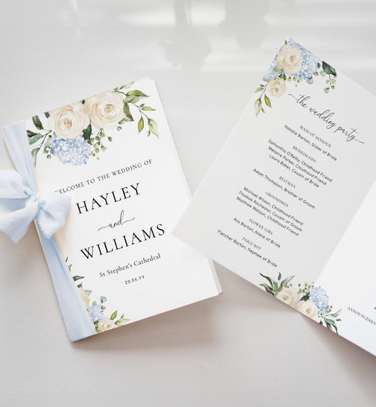 Printable Wedding Ceremony Program Template, White Rose Floral, Wedding Order of Ceremony Booklet Program, Single Fold Program, Darcy