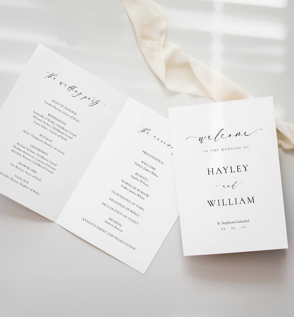 Folded Programme Ellesmere White | Printable Wedding Folded Program Template – Black Bow ...