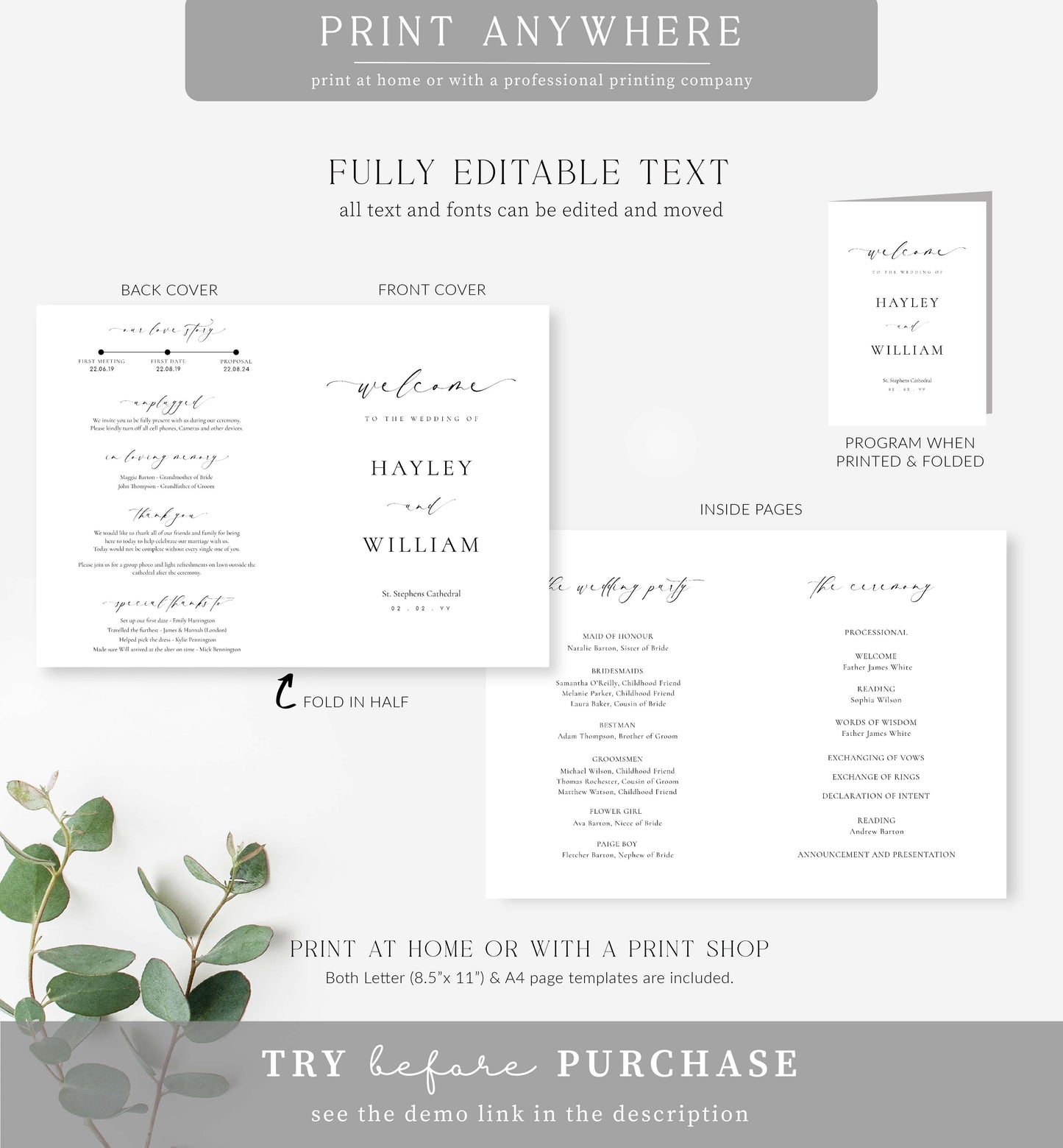 Ellesmere White | Printable Wedding Folded Program Template